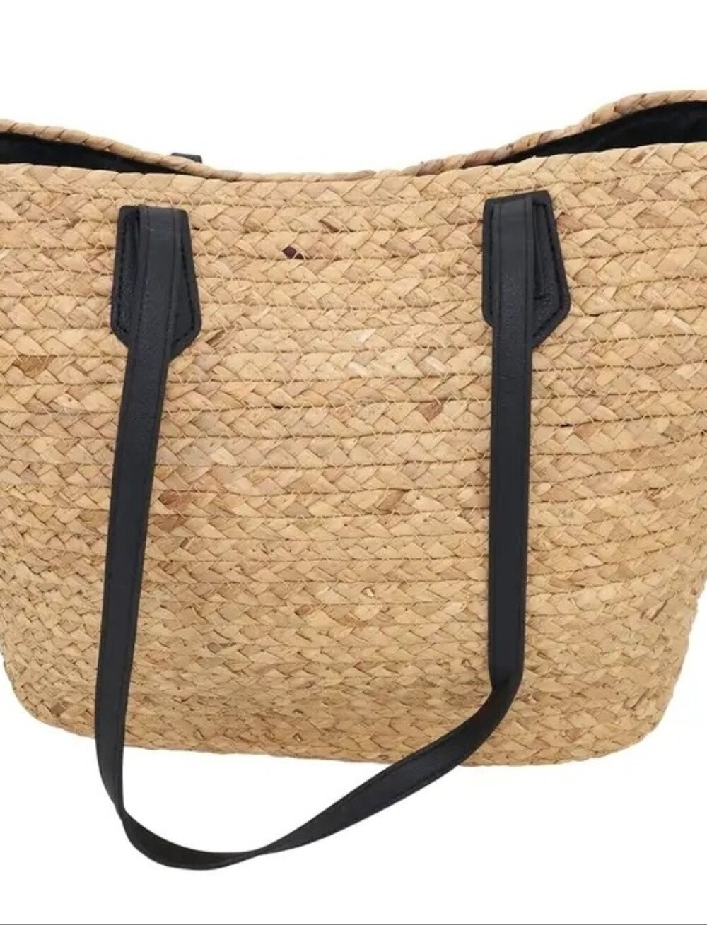 Chic Woven Straw Tote Bag with Black Shoulder Straps - Picture 2 of 3